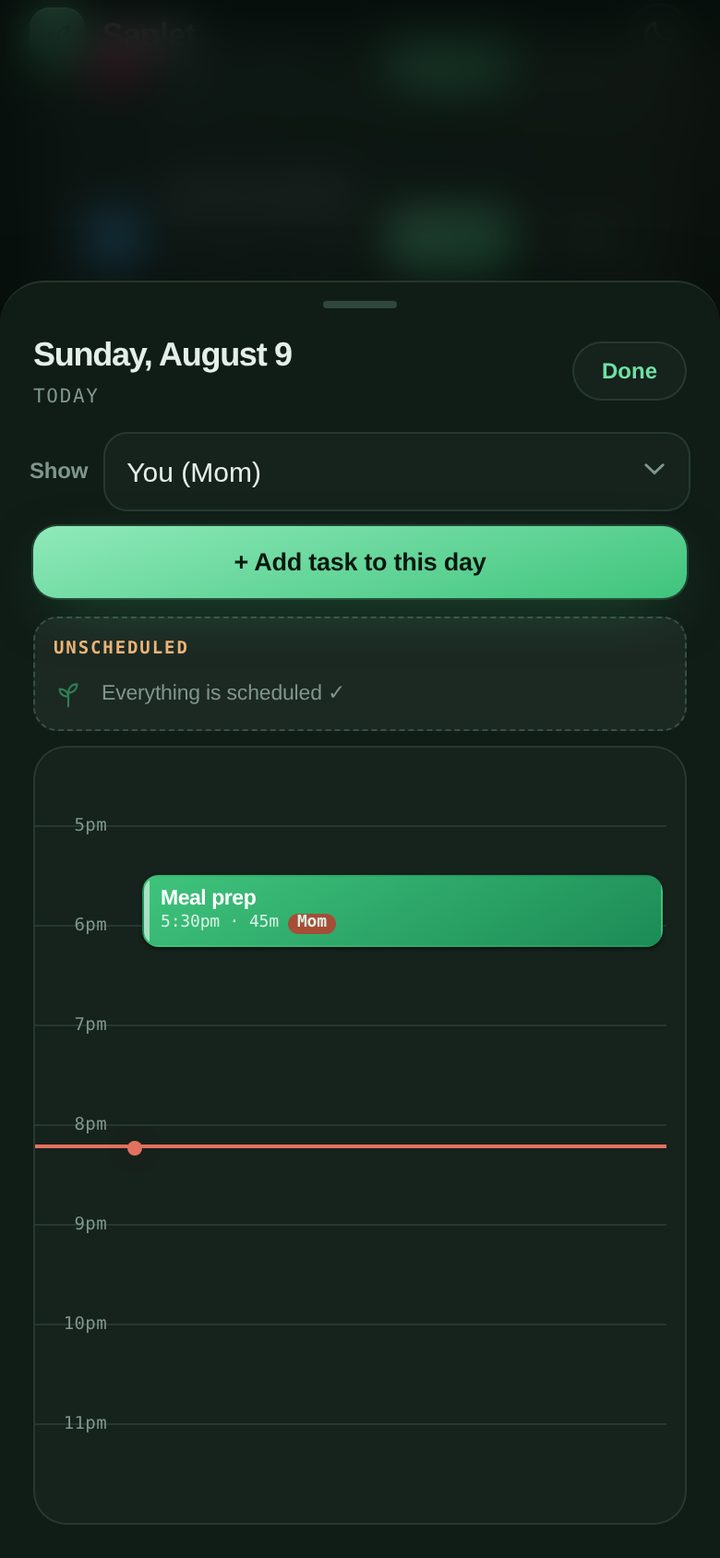 The calendar day view: a timeline with tasks colour-coded per person.