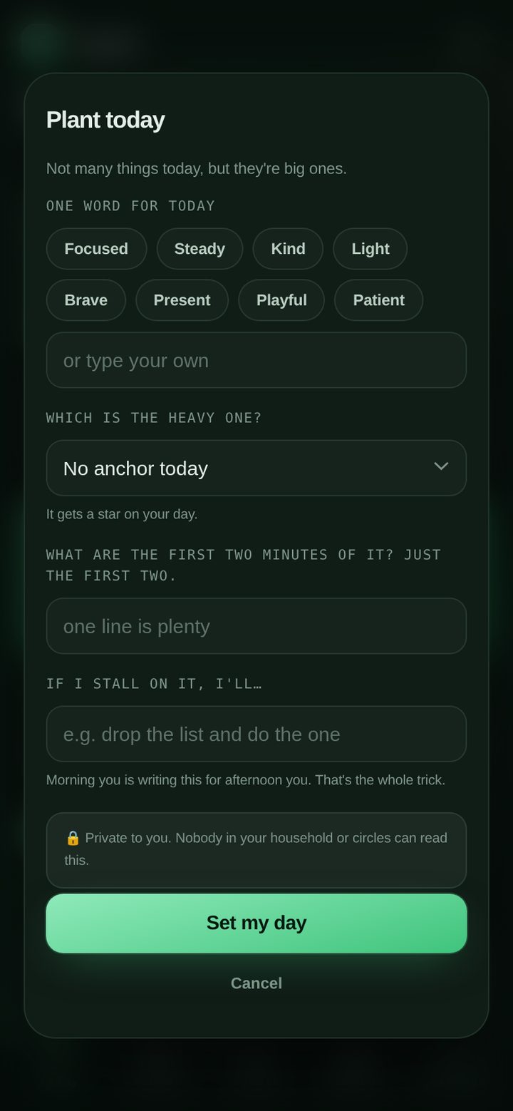 The journal, planting the day, with the privacy promise written at the bottom of the sheet.