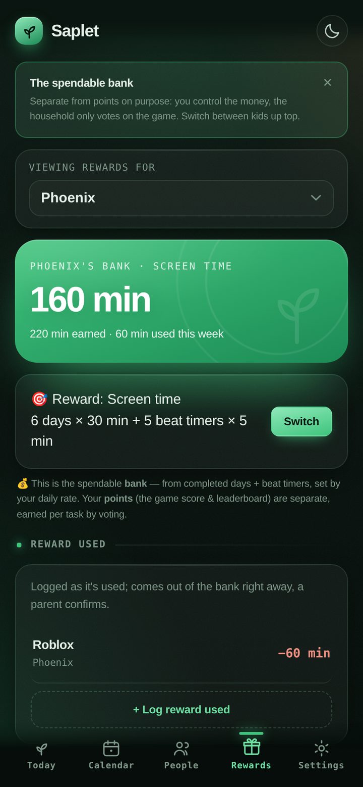 The Rewards screen showing a child's spendable bank and their reward type.