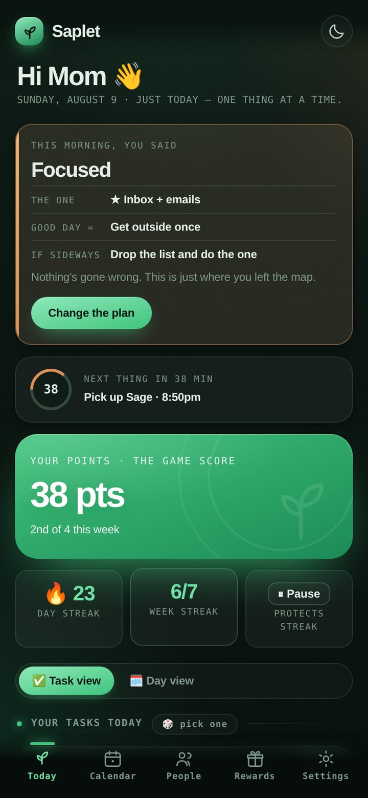The Today screen: a planted intention, a countdown to the next thing, points, streaks and a short task list.